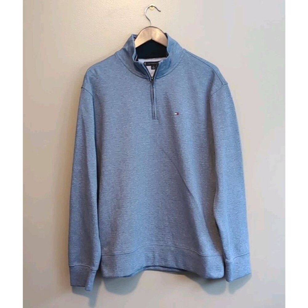 Tommy Hilfiger Mens Medium M Blue Quarter Zip Sweatshirt Pullover Sweater 1/4 - Picture 2 of 5